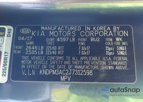 2018 Kia Sportage Lx z USA, uszkodzony, nr VIN KNDPM3AC2J7312598